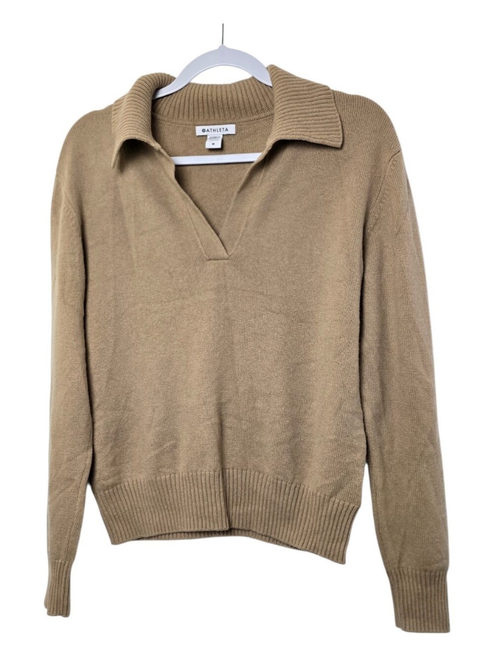 Athleta Tan Merino Wool Cashmere Sweater Polo V-Neck Long Sleeve Sz M Luxury